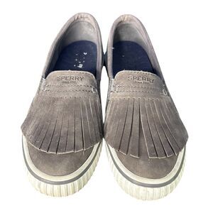 Sperry Womens Gray Rave Soho Fringe Slip-On Loafers Sz 7M Leather Suede Fringe